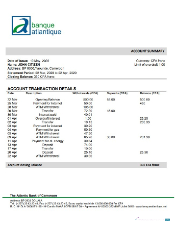 Download Cameroon The Atlantic Bank of Cameroon 5 bank statement word